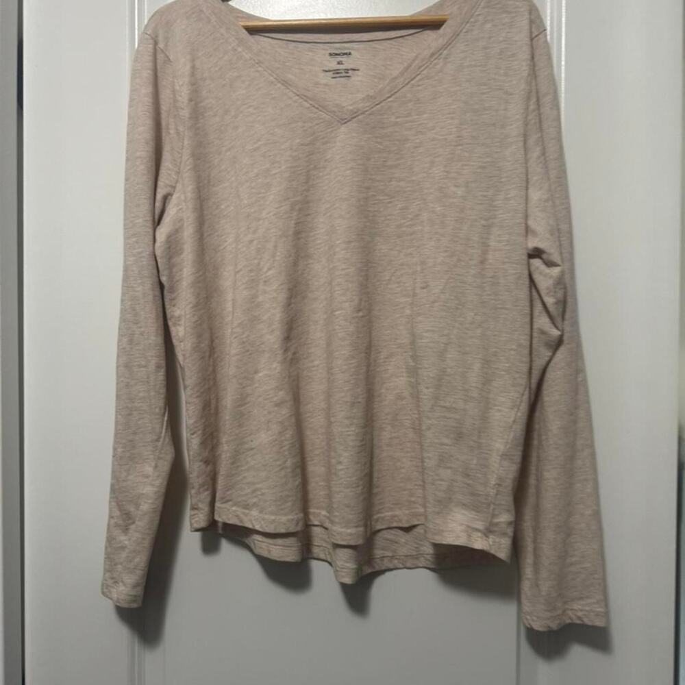 Sonoma Long Sleeve V Neck Tee XL Cream Beige Lightweight Casual Basic Top Women